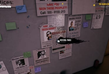 Dead Island 2 screenshot showing a board of missing persons posters with a prompt above one that reads: "Missing: Pablo". 