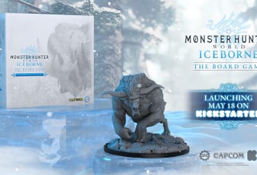 Promo art of the game box for Monster Hunter: World Iceborne board game and a gray Rajang miniature on a light blue surface