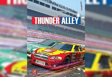 board game cover art depecting a bright red racing car, surrounded by other racing vehicles, as they go around a racetrack and blistering speed. The title "Thunder Alley" is written at the top. 