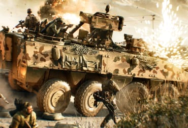 A tank rolling through an active warzone in Battlefield 2042