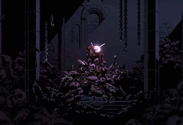 The protagonist of the Dead Cells animated series sitting atop a pile of skulls