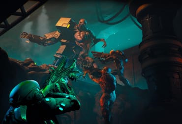 Players aiming alien-looking weaponry at a disgusting monstrosity in Ripout