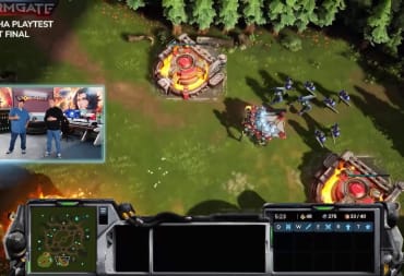 Stormgate gameplay featuring the human faction, with Tim Campbell and Sean Plott talking in a window on the right