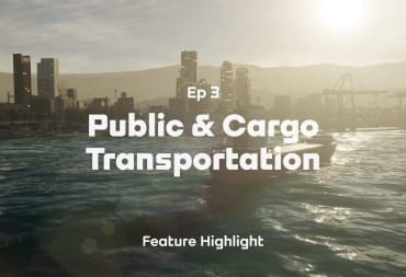 A boat in Cities: Skylines 2 with the text "Ep 3 Public & Cargo Transportation Feature Highlight" in front of it