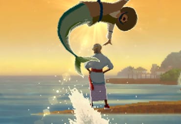 A merman leaps over a person standing on a beach in Dave the Diver