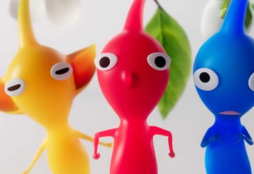 A Yellow Pikmin, a Red Pikmin, and a Blue Pikmin lining up and looking at the camera in the new Pikmin 4 trailer