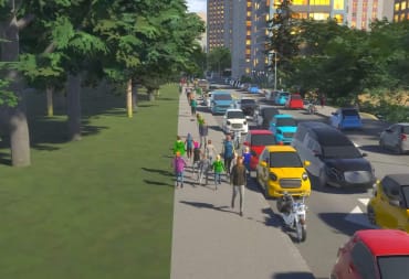 A group of civilians walking through a city in Cities: Skylines 2