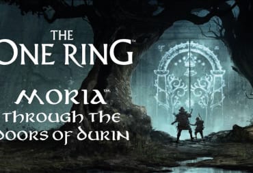 The title for The One Ring Moria – Through The Doors of Durin expansion, the title in front of a a stone wall glowing with runes