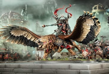 An image of the Cities of Sigmar commander, Tahlia Vedra, riding on top of her manticore, Infernadine.
