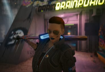 A screenshot of V, holding the Baby Boomer baseball bat over her shoulder from the Cyberpunk 2077 Phantom Liberty Dazed and Confused side story.