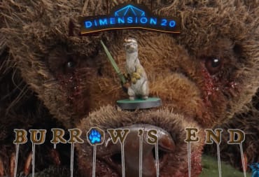 Dimension 20 Burrows End preview image showing a stoat player character sitting on a bear's nose