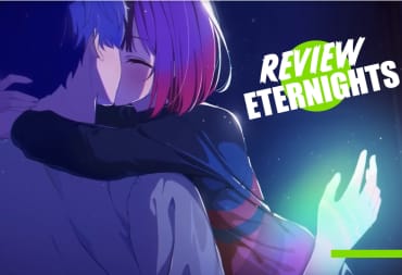 The main character sharing a kiss from Eternights with the name and review graphic overlayed