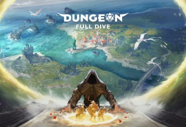 The logo for Dungeon Full Dive, showing a robed figure with a portal behind him, a vast fantasy world on the other side.