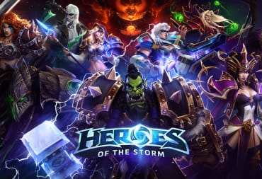 Artwork for Heroes of the Storm depicting several Blizzard characters, as well as text showing the name of the game