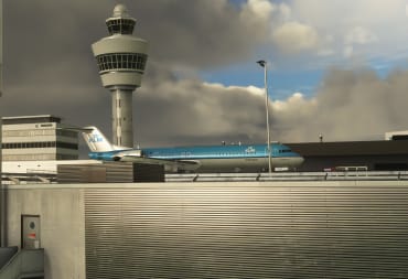 A KLM regional jet taxis at Schiphol Amsterdam Airport in Microsoft Flight Simulator
