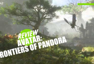 A scene from Avatar Frontiers of Pandora with the TechRaptor review text