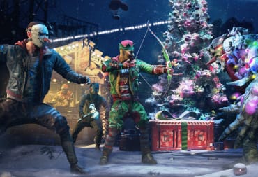 Two Christmas-themed characters aiming weapons at a Christmassy zombie with a Christmas tree in the background in the Dying Light 2 winter update