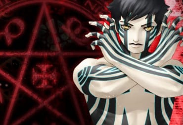 Official artwork for the Fiend from Shin Megami Tensei III: Nocturne on a stylized red and black background.