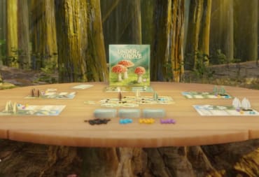 A promotional image for the Undergrove Kickstarter, showing the boardgame on an overgrown mushroom table.