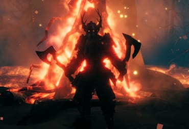 An imposing-looking Viking warrior with dual axes standing in front of a bonfire in the Valheim Ashlands update