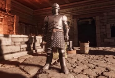 An armored figure standing at a blacksmith's forge in Enshrouded