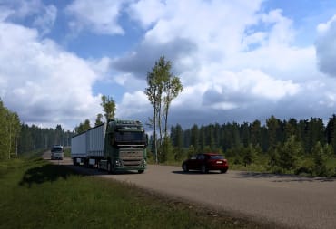 A truck driving along an expansive Scandinavian road in the new Euro Truck Simulator 2 Nordic Horizons DLC