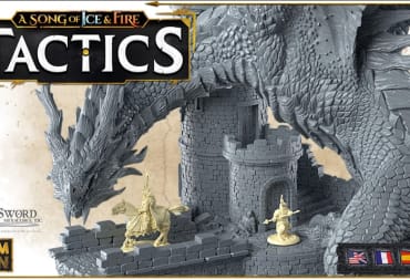 A promotional image for A Song of Ice & Fire: Tactics, showing a giganctic dragon miniature.