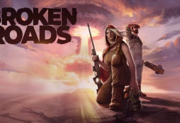 Key art for Broken Roads, depicting two of its characters against the backdrop of a nuclear explosion as well as the game's logo