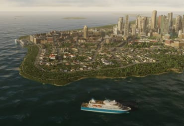 A waterfront scene in Cities: Skylines 2