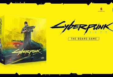 A promotional image of Cyberpunk 2077: The Board Game, showing the game's box art on a yellow background.