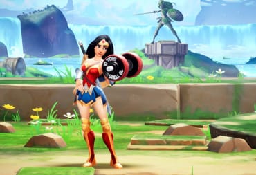 Wonder Woman lifting a dumbbell in the platform fighter MultiVersus