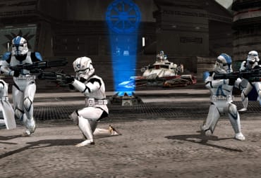 Several Stormtroopers aiming their weapons in front of a capture point in Star Wars: Battlefront Classic Collection