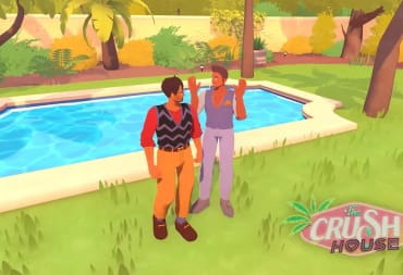 Two male characters having an argument in Devolver Digital and Nerial's reality TV sim The Crush House