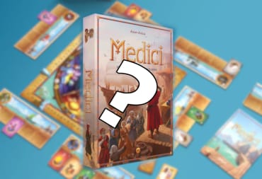Medici game and board components with a question mark in front