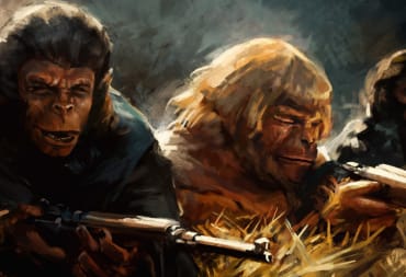 Promotional artwork of the Planet of the Apes TTRPG, showing ape characters armed with rifles.