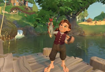 A hobbit holding a fish aloft in the cozy farming sim Tales of the Shire