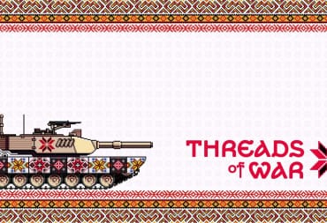 The key art for Threads of War, which is rendered in the style of Ukrainian embroidery