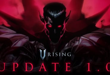 A sinister vampiric figure with the text "V Rising Update 1.0" beneath him