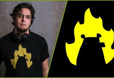 A picture of Rami Ismail next to the Vlambeer logo