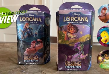 An image of two Lorcana Ursula's Return Starter Decks along with circular images of Hercules, Flounder, and Bruno Madrigal.
