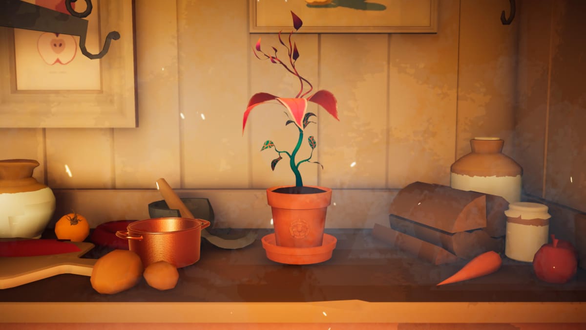 A single plant on a shelf surrounded by food in Botany Manor, an Xbox Game Pass April 2024 game