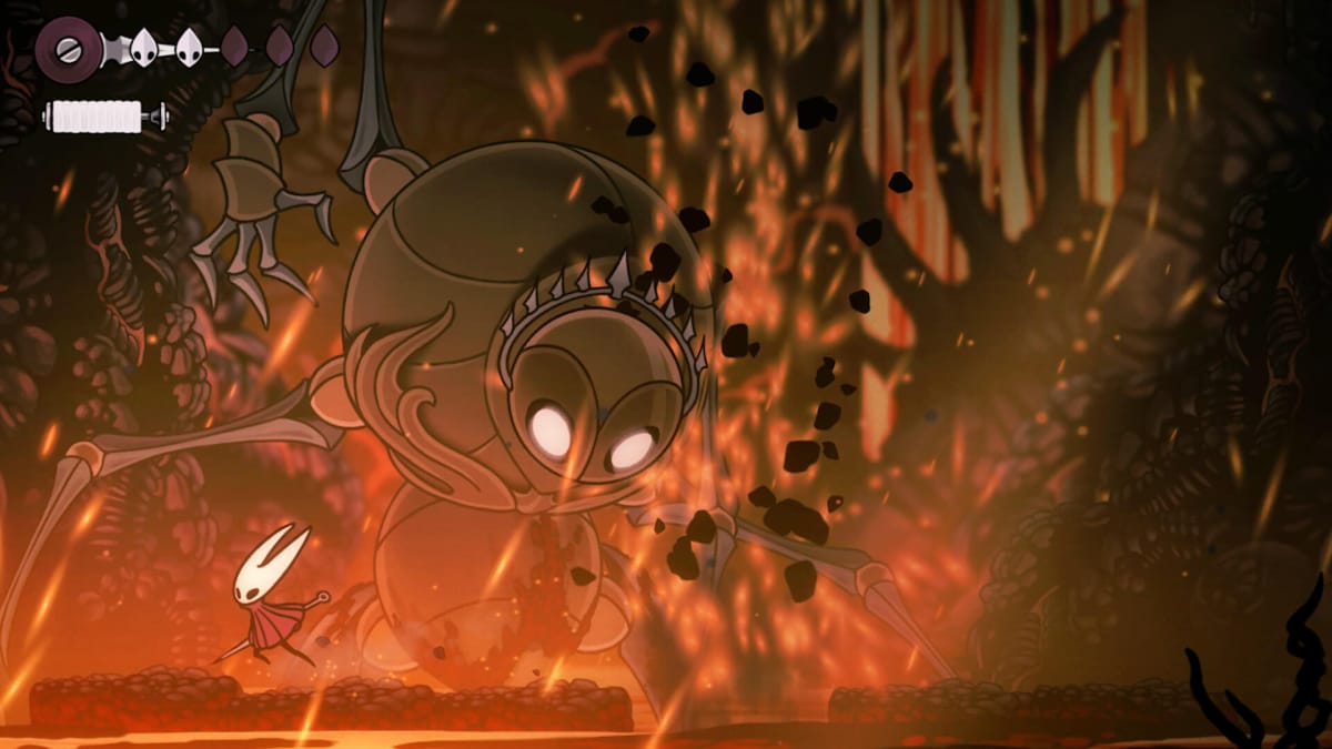 Hornet fighting a giant bug boss in Hollow Knight: Silksong (this screenshot was taken from the game's Steam page but is intended to represent the Nintendo Indie World showcase, where it will hopefully be shown)