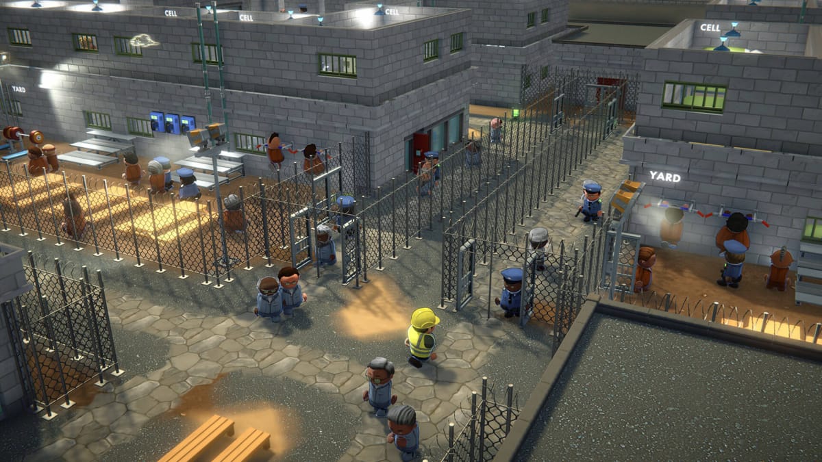 An overhead view of a prison yard in Prison Architect 2