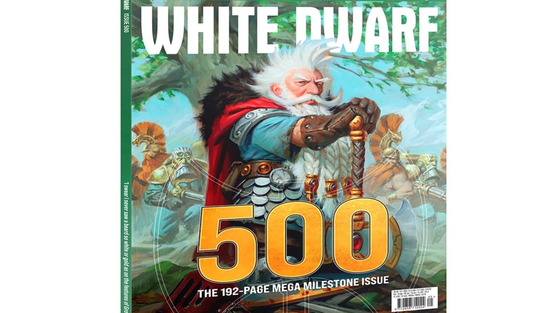 A screenshot of the cover for White Dwarf #500, showing the dwarf Grombrindal standing majestically with his axe planted in front of him.