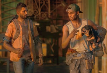 Two characters, one holding a bottle and one holding a small dog, in Far Cry 6, a game in the Xbox Game Pass December 2023 lineup