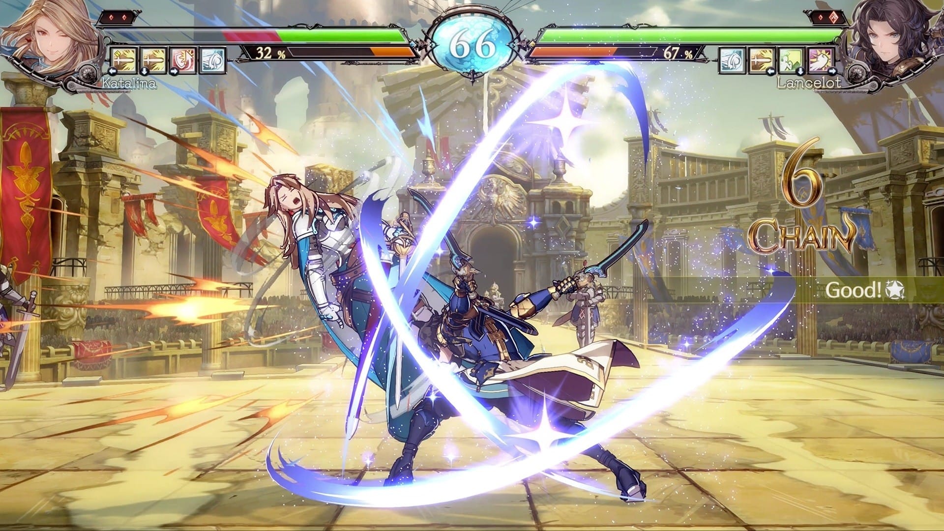 Lancelot's blue flashing blades attack Katalina