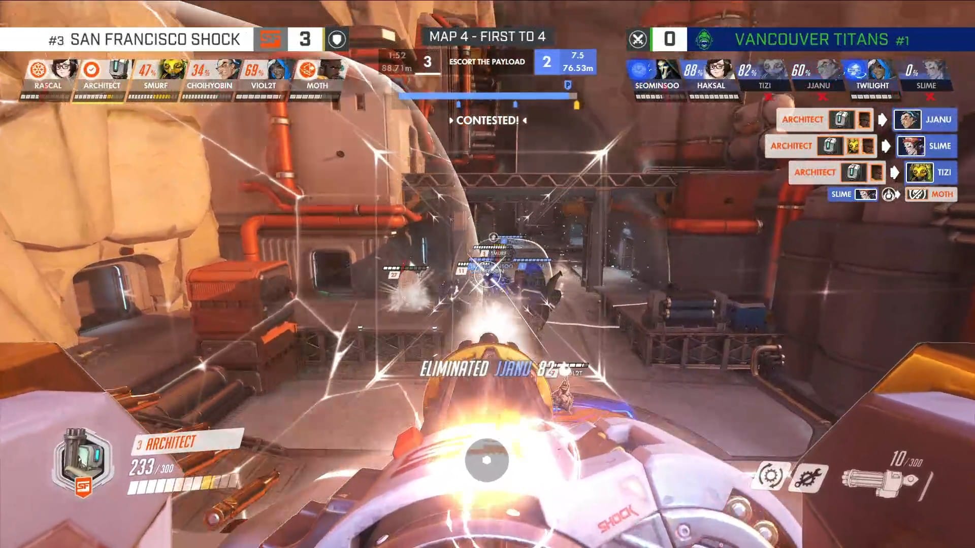 Architect of the San Francisco Shock playing Bastion and firing on the attacking Vancouver Titans