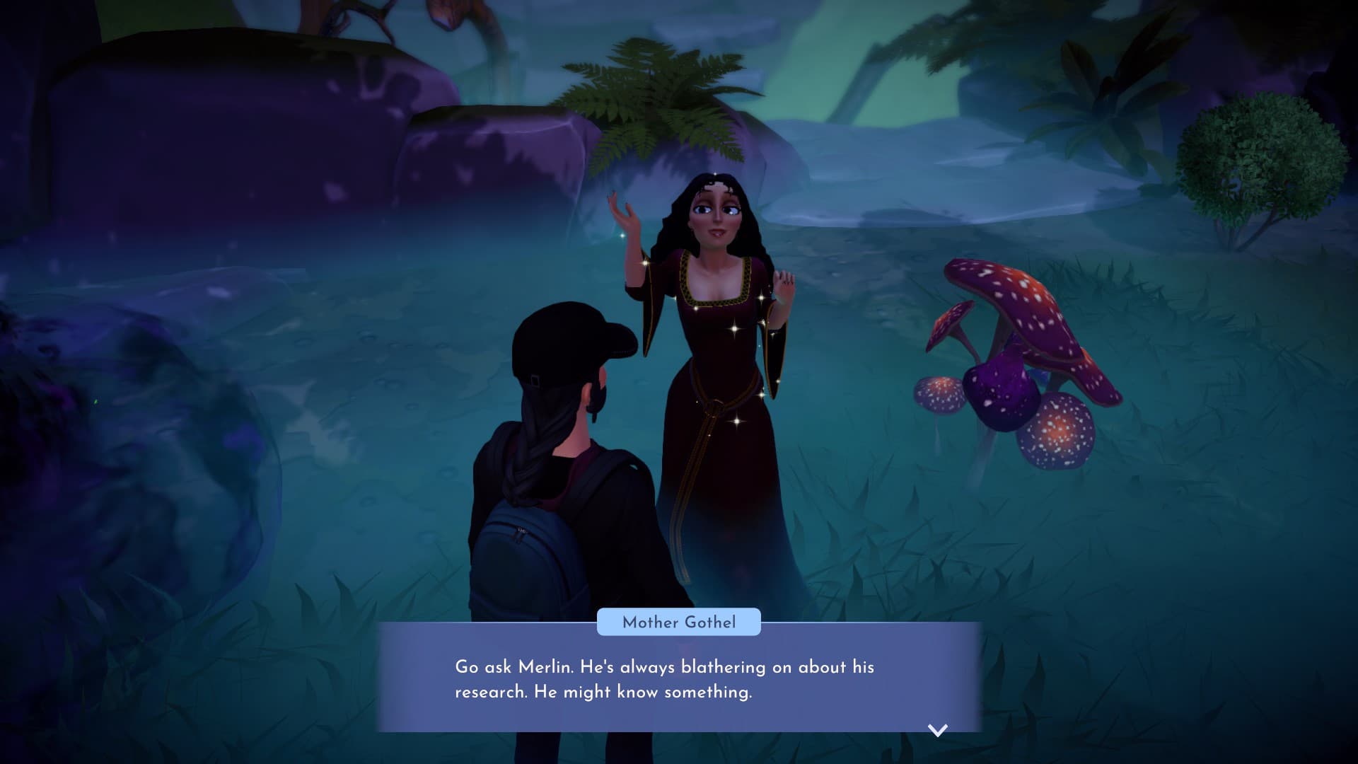 Screenshot of Mother Gothel standing in the glade of trust telling you to go talk to Merlin, Disney Dreamlight Valley Mother Gothel Guide 