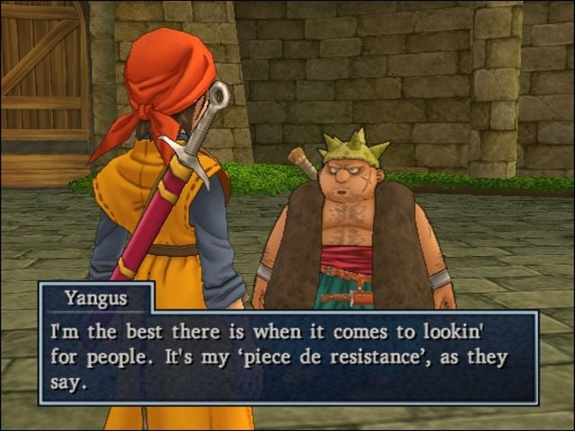 A screenshot from Dragon Quest VIII on the PS2 showcasing the game's stellar dialogue