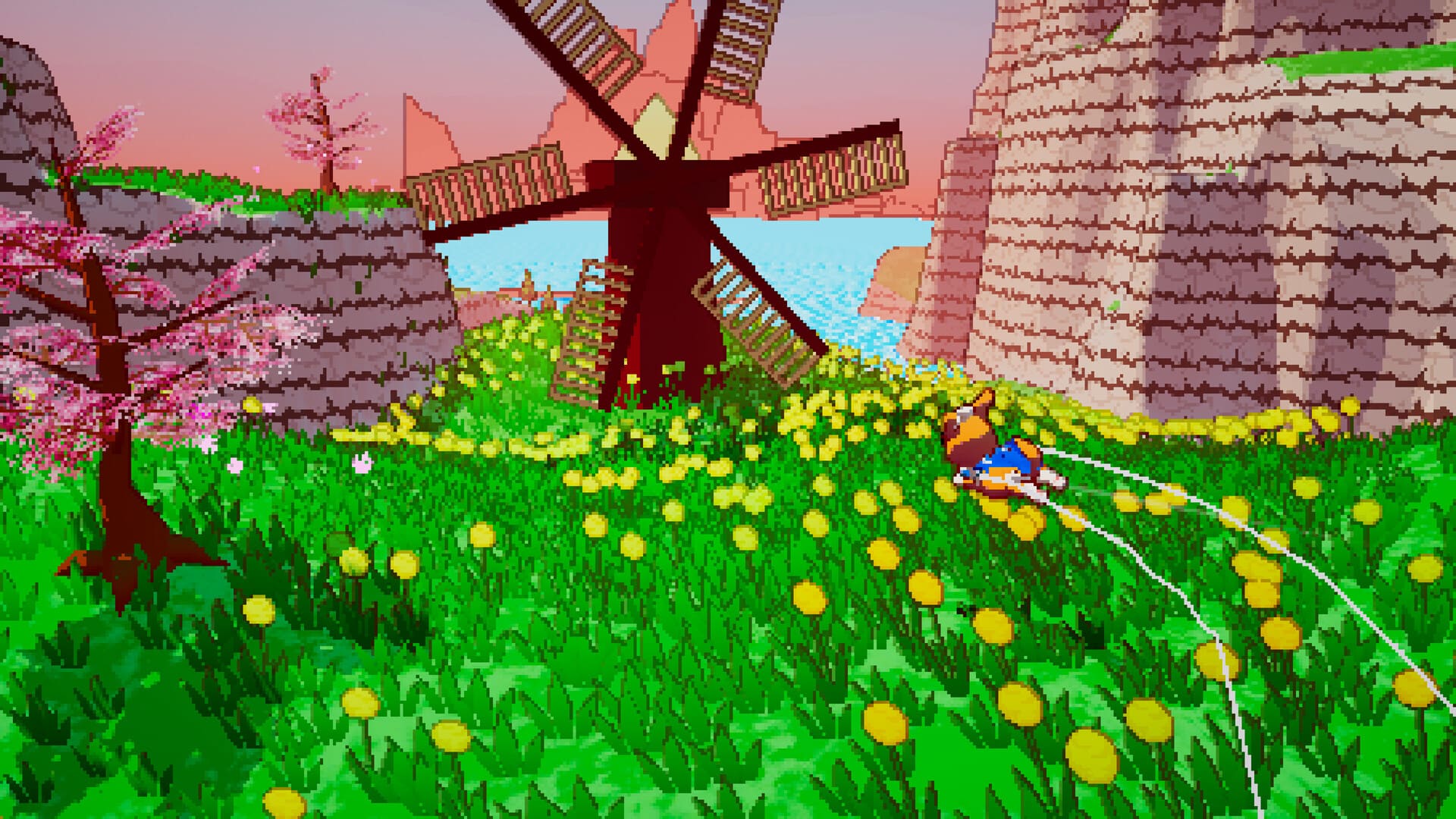 Gameplay from A Corgi's Cozy Hike, featuring the titular protagonist flying in a meadow toward a windmill.